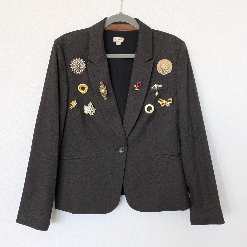 Academic Herringbone Blazer Gold Brooch Accent Women's Large Suede Elbow Patches